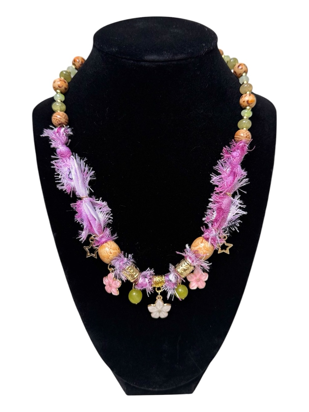 Handmade Pink Beaded Bandana Flower Charm Necklace